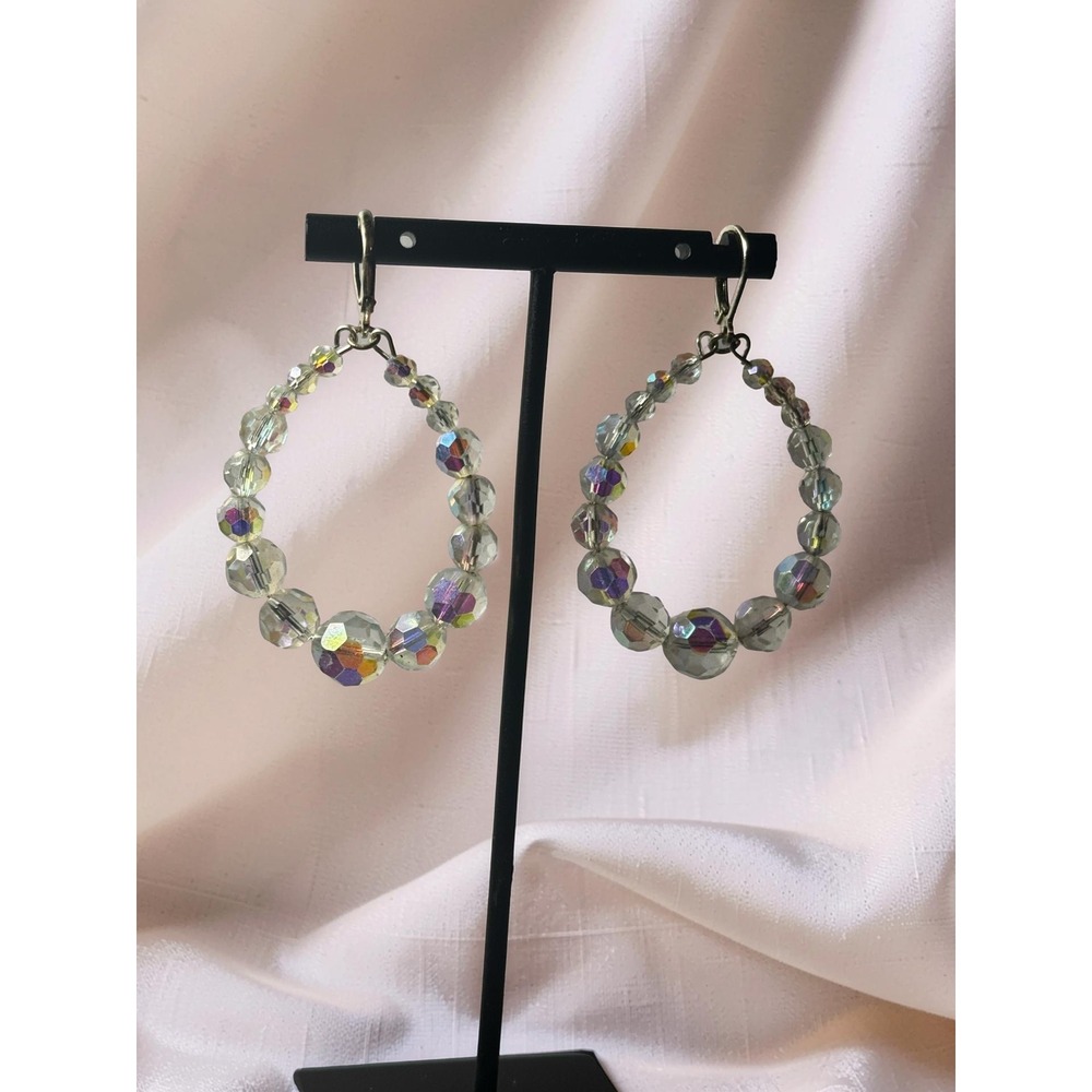 Vintage Crystal Beaded Hoop Earrings, Iridescent Glass Dangle Leverback Earrings